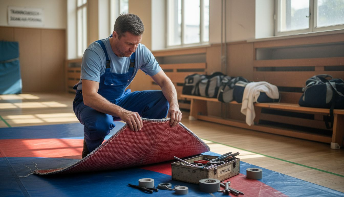 Ein Mitarbeiter kontrolliert das Mattenmaterial sorgfältig auf mögliche Beschädigungen.