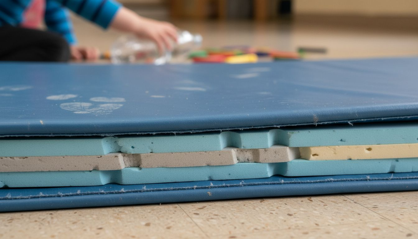 Querschnitt einer Kinder-Turnmatte mit verschiedenen Schichten