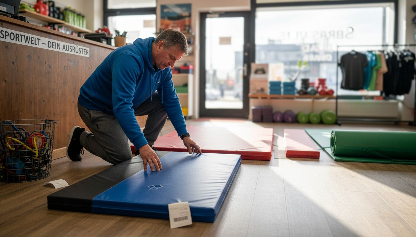 Ein Mann steht im Fachgeschäft und vergleicht verschiedene Fitnessmatten miteinander.