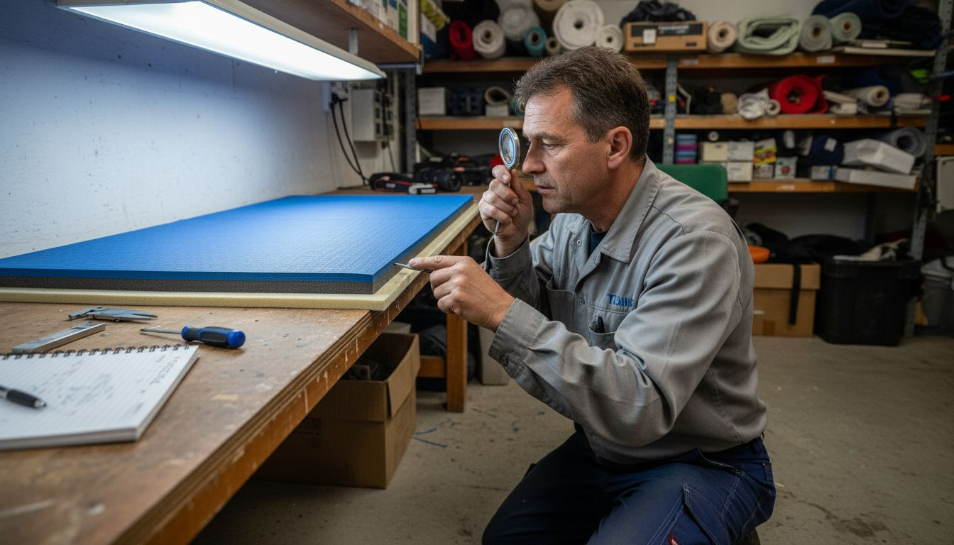 Ein Fachmann überprüft die Beschaffenheit der Judomatte.