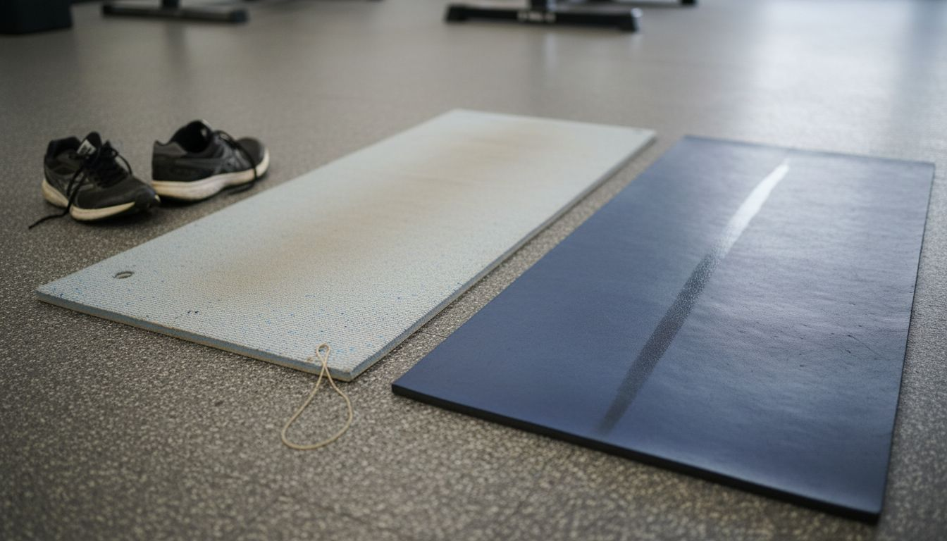 Verschiedene Fitnessmatten mit deutlich erkennbaren Gebrauchsspuren