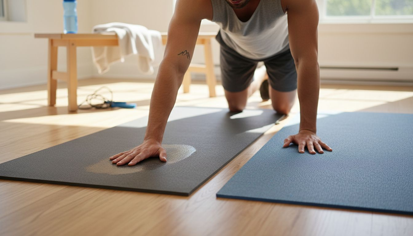 Im eigenen Trainingsraum prüft ein Mann verschiedene Fitnessmatten auf ihre Qualität.