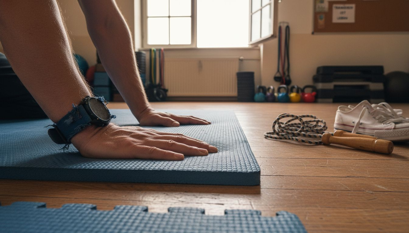 Mit den Händen wird die Oberfläche einer Schaumstoff-Sportmatte auf ihre Beschaffenheit geprüft.