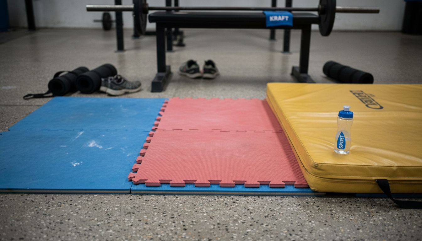 Verschiedene Sportmatten sind auf dem Hallenboden ausgelegt.