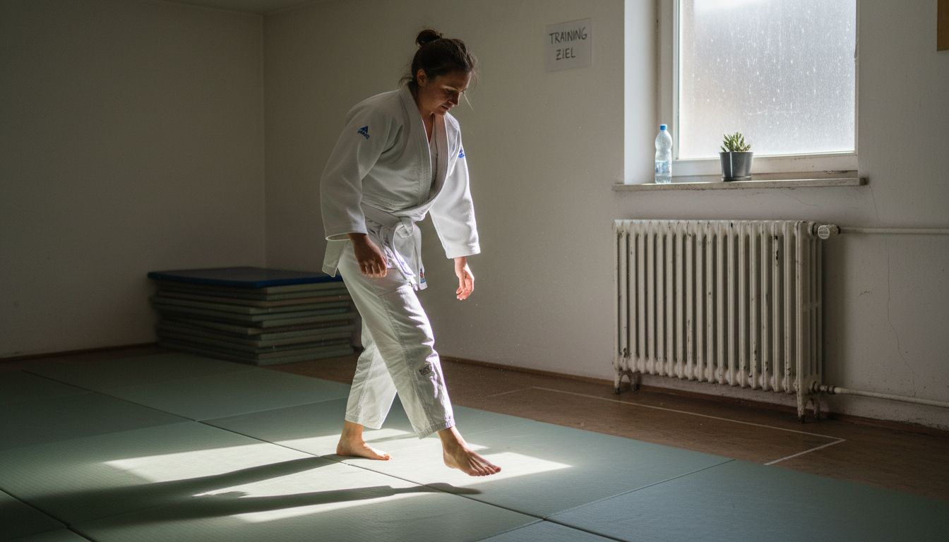 Die Sportlerin überzeugt sich von der sicheren Beschaffenheit der Matte.