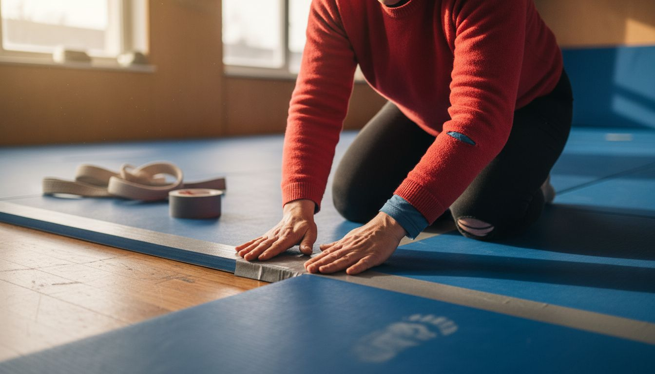 Eine Frau befestigt Klebeband an der Mattenkante, um sie zu schützen.