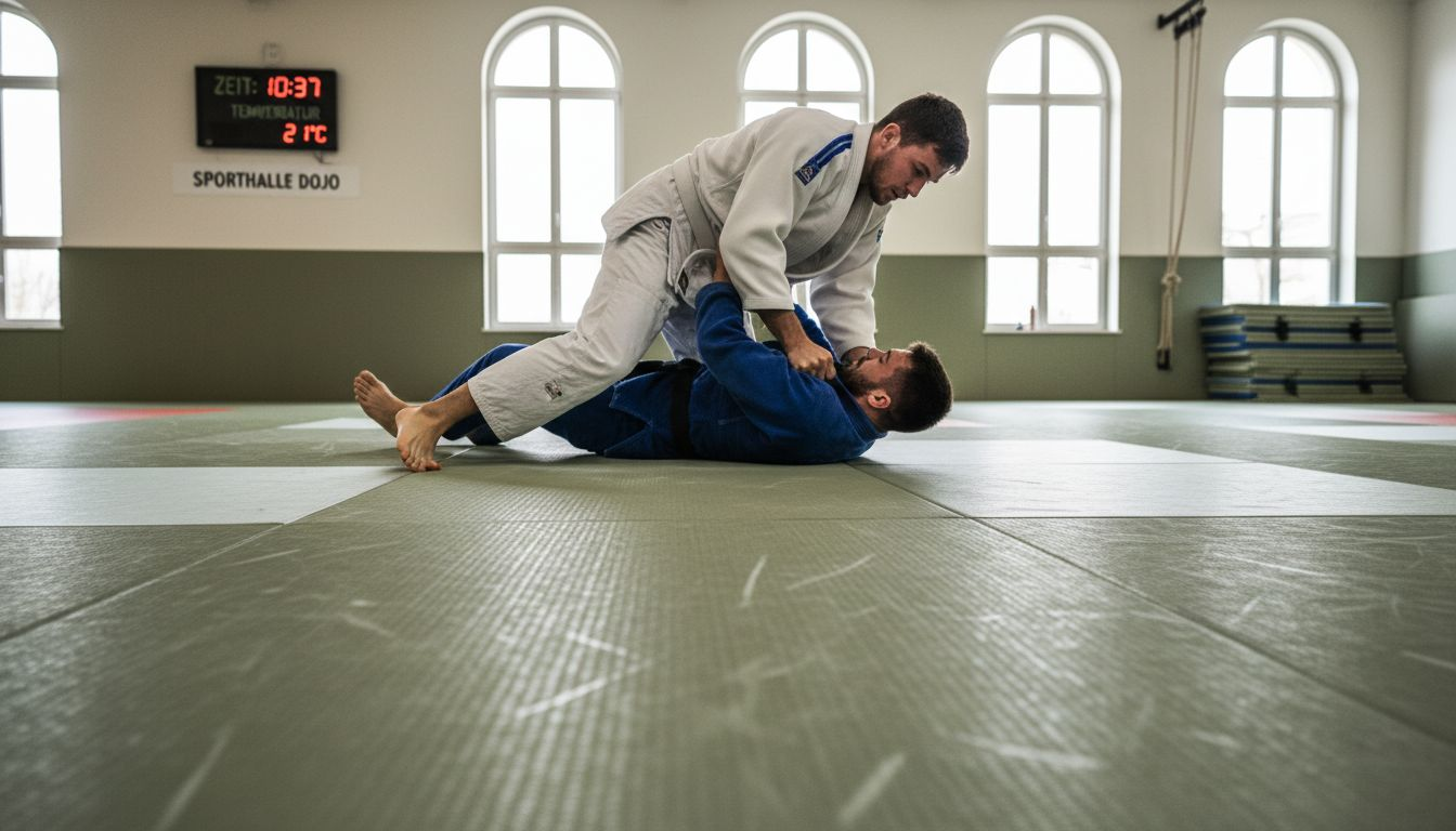 Kampfsportler üben Wurftechniken auf einer dicken Matte.