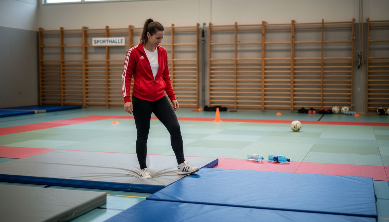 Ein Trainer überprüft die Sicherheit der Turnmatten, bevor der Unterricht beginnt.