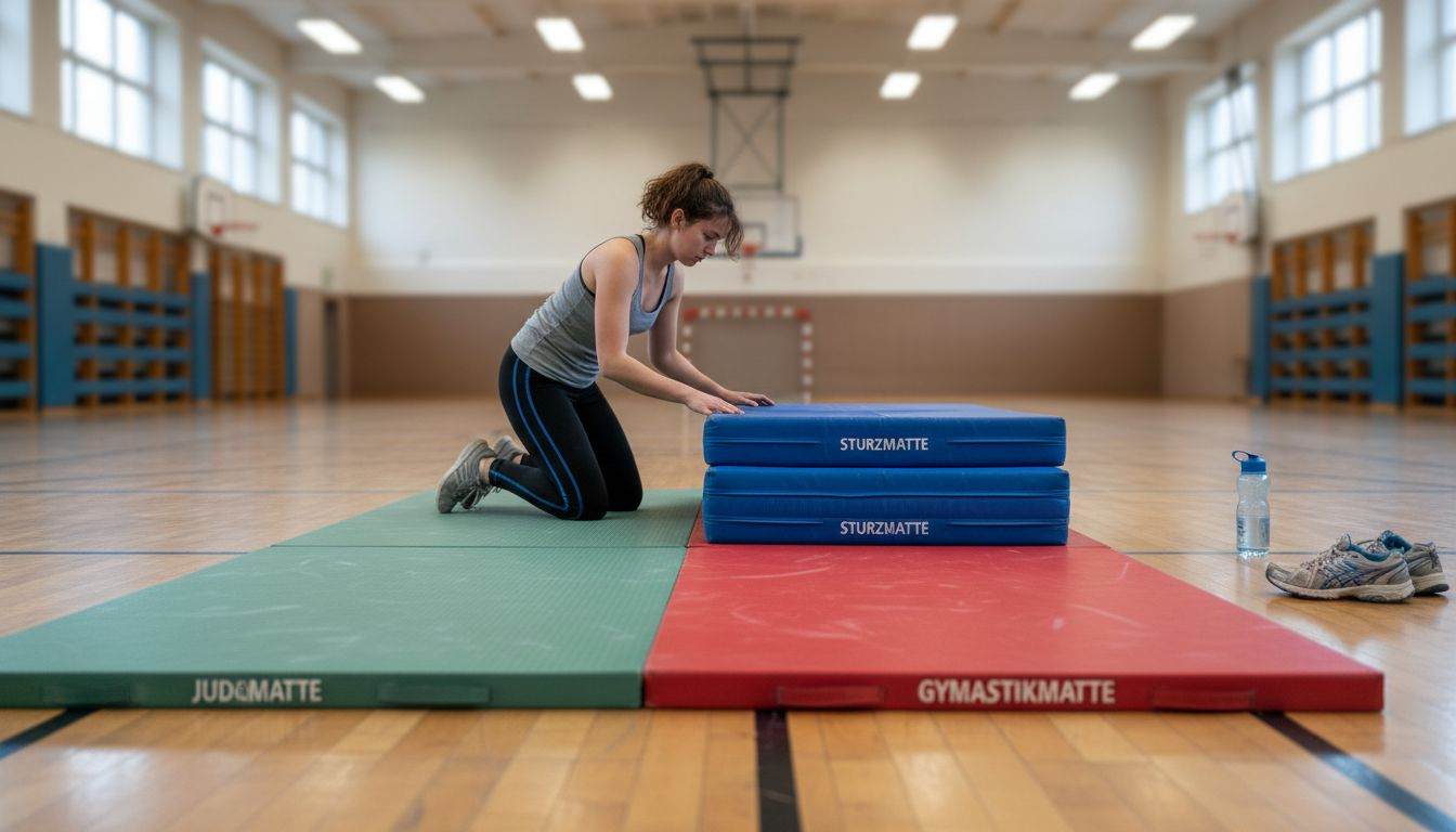Unterschiedliche Turnmatten nach DIN-Norm übereinandergestapelt