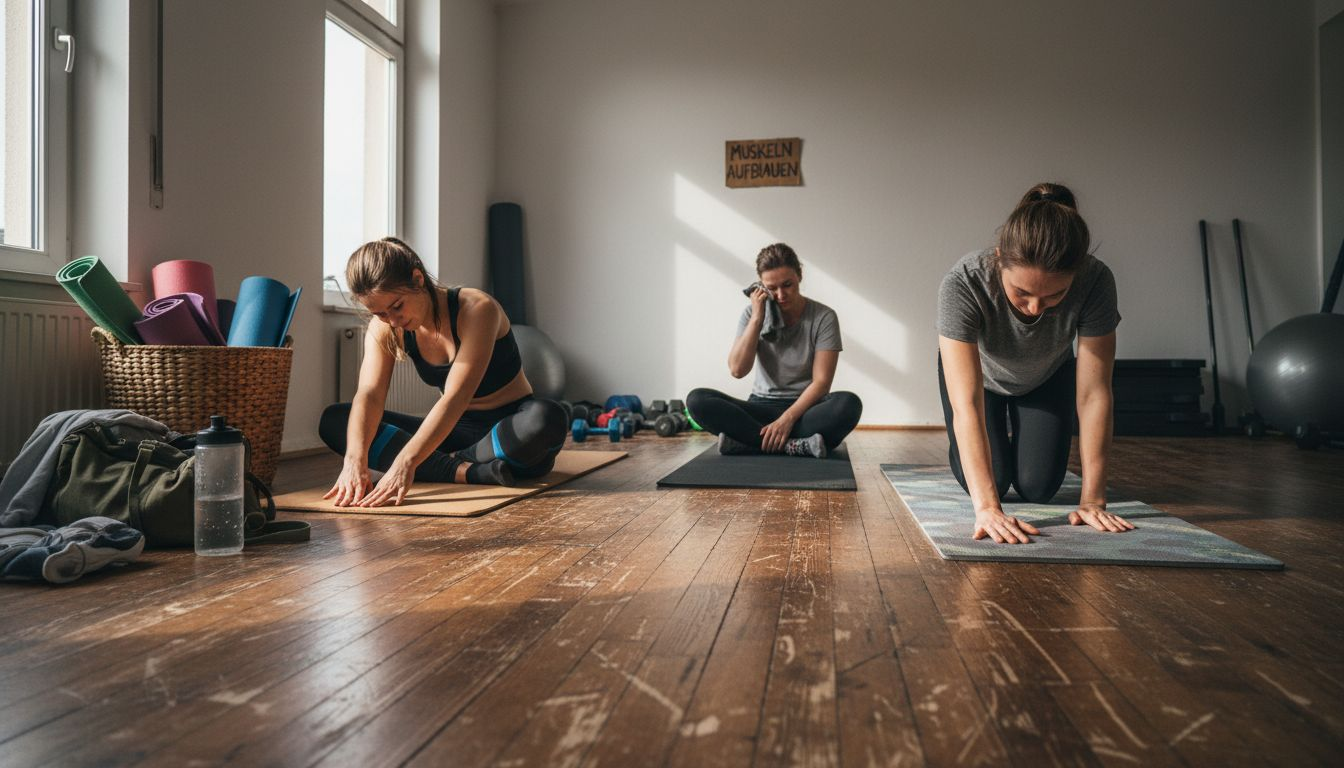 Verschiedene Personen nehmen verschiedene Trainingsmatten unter die Lupe und vergleichen ihre Eigenschaften.