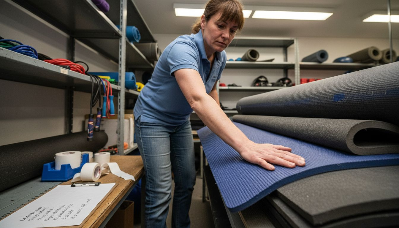 Ein Filialleiter prüft im Lager, wie fest die Matratzen sind.