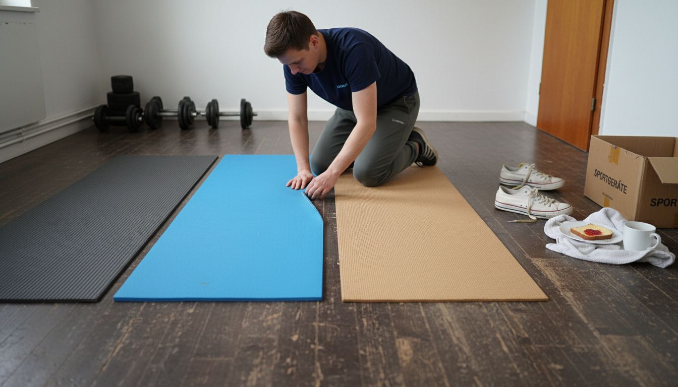 Drei verschiedene Arten von Rollmatten auf einem Holzboden im Vergleich