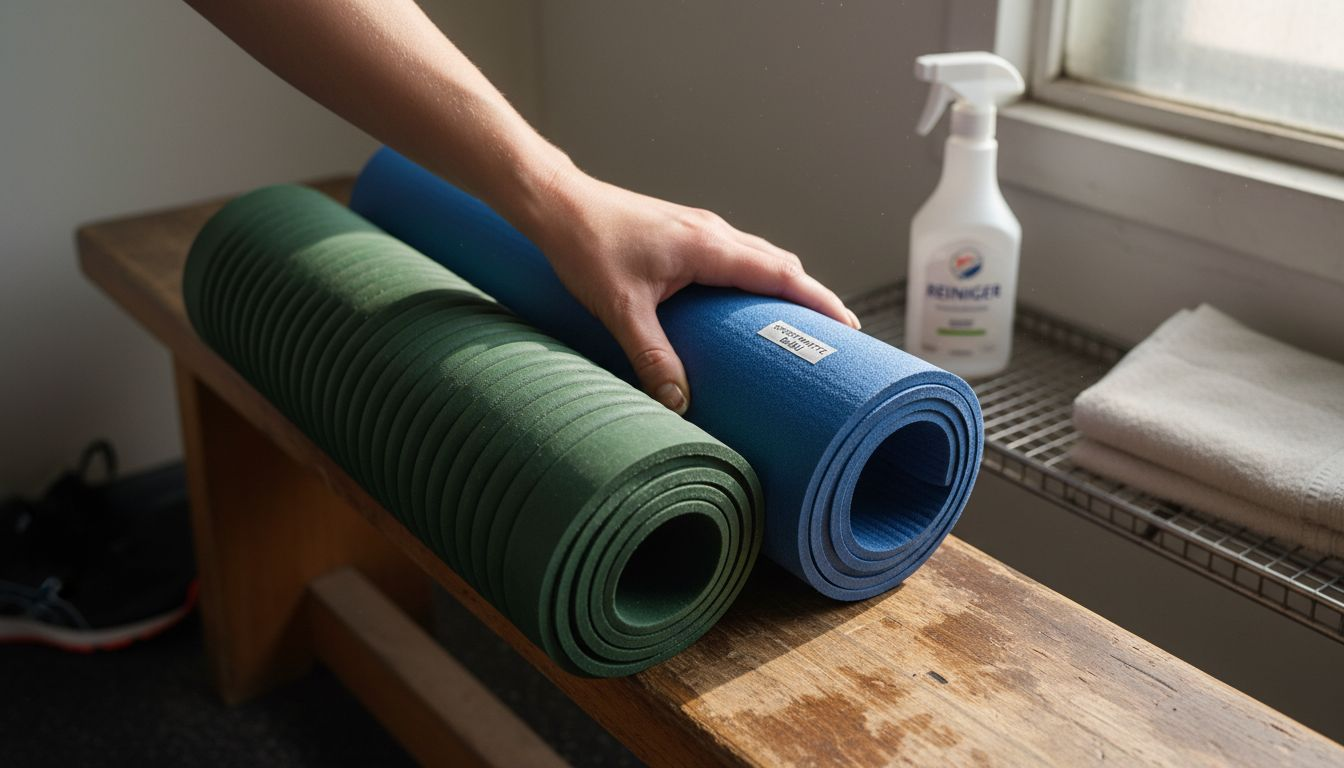 Eine Hand prüft die Qualität von zwei verschiedenen Fitnessmatten und vergleicht das Material.