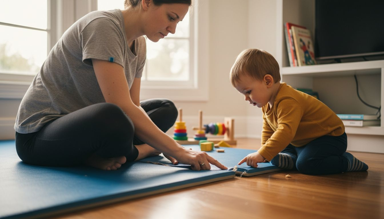 Gemeinsam schauen sich Mutter und Kind die Matte genau an, um nach möglichen Schäden zu suchen.