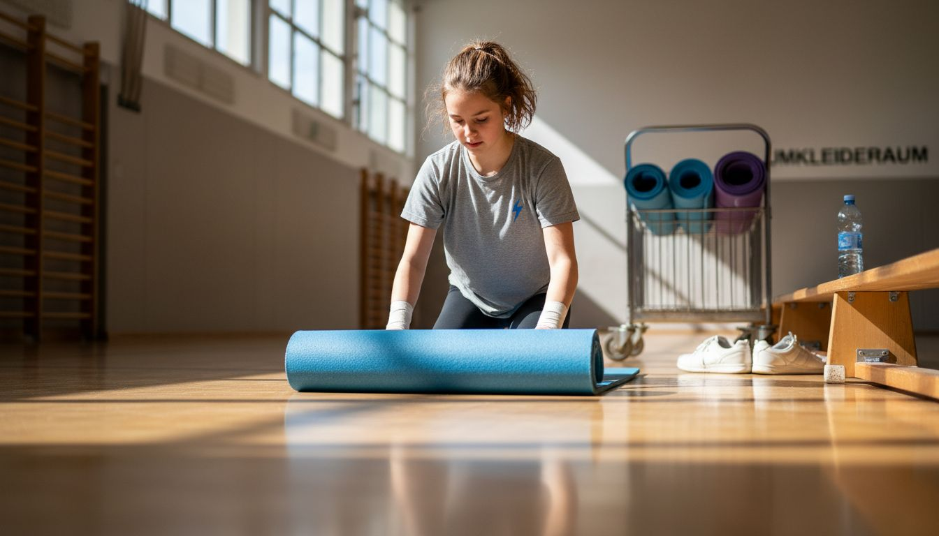 Eine Schülerin rollt eine bewegliche Turnmatte zusammen.