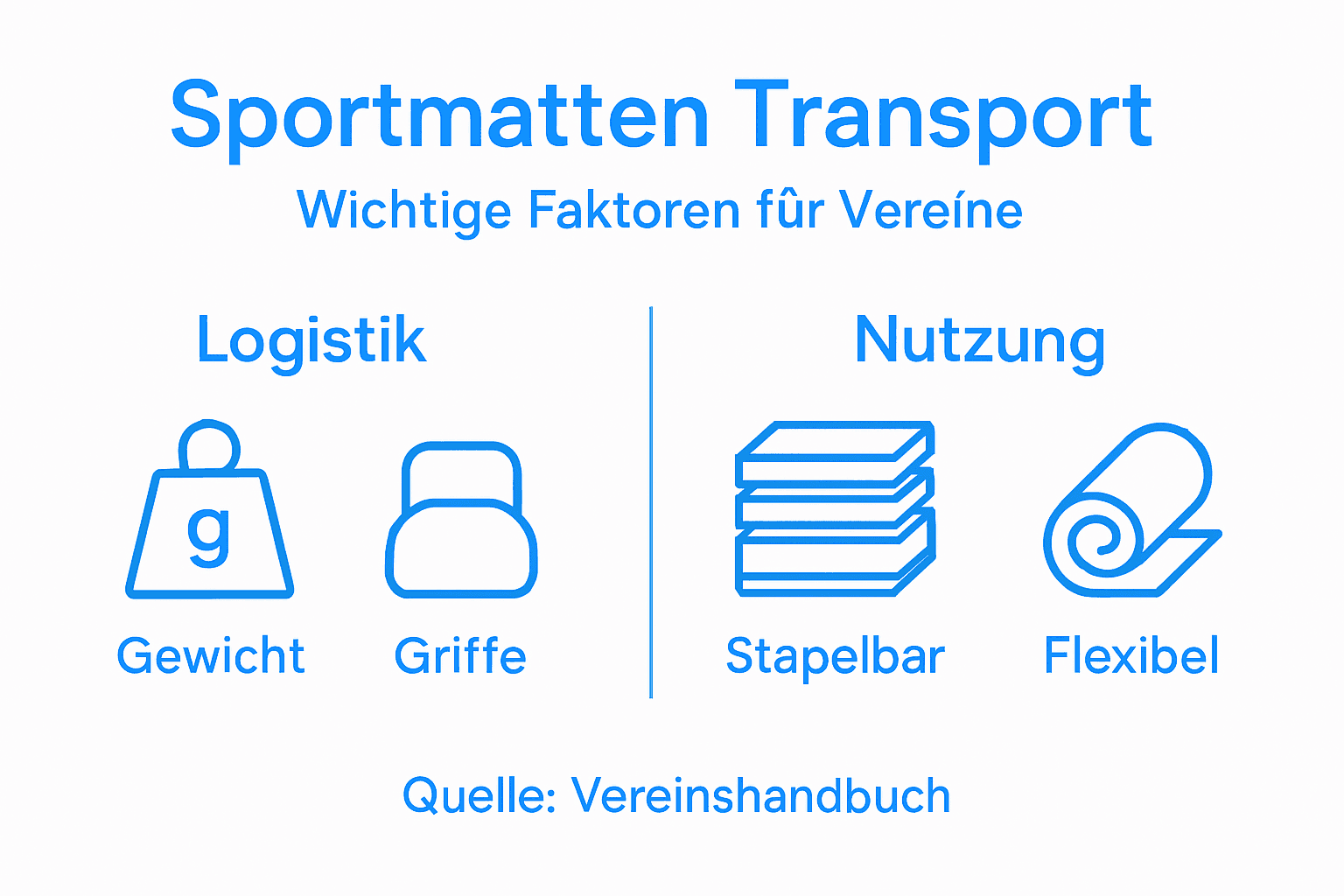 Die Infografik veranschaulicht, welche Aspekte beim Transport von Sportmatten eine Rolle spielen.