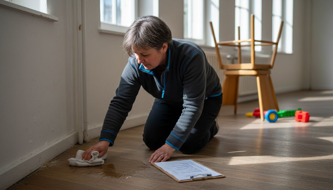 Bevor die Matten ausgelegt werden, wischt die Erzieherin noch schnell den Boden.