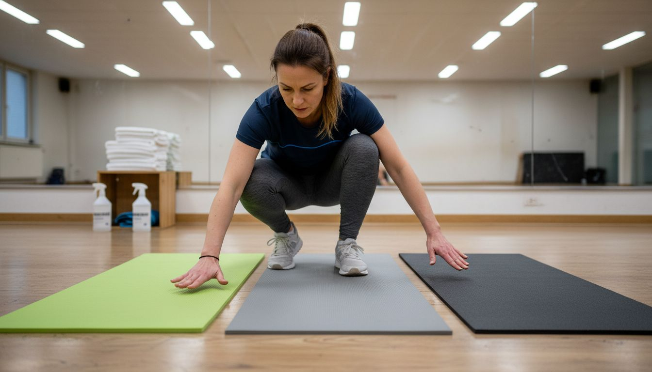 Ein Fitnesstrainer begutachtet und vergleicht verschiedene Turnmatten direkt miteinander, um die beste Materialqualität zu ermitteln.