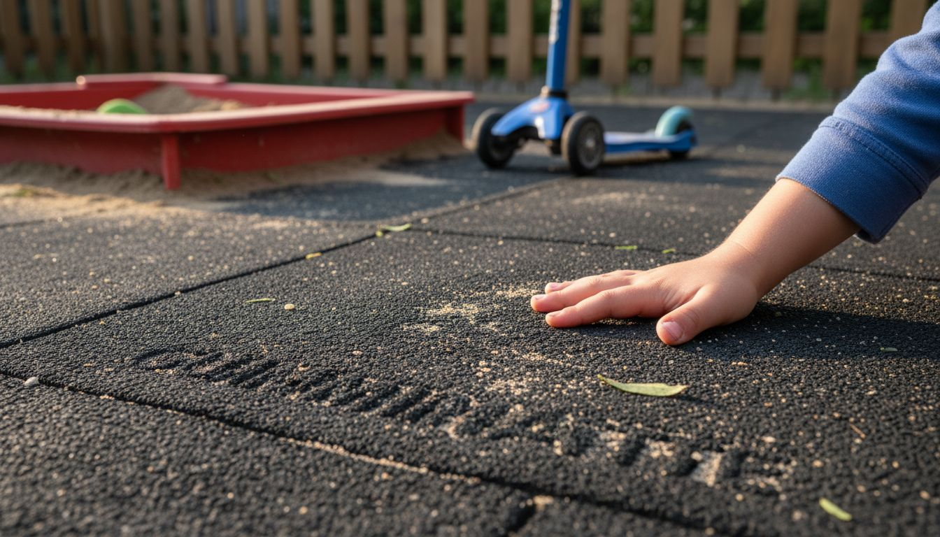 Mit der Hand wird geprüft, wie sich die Oberfläche der Gummimatte im Außenbereich anfühlt.