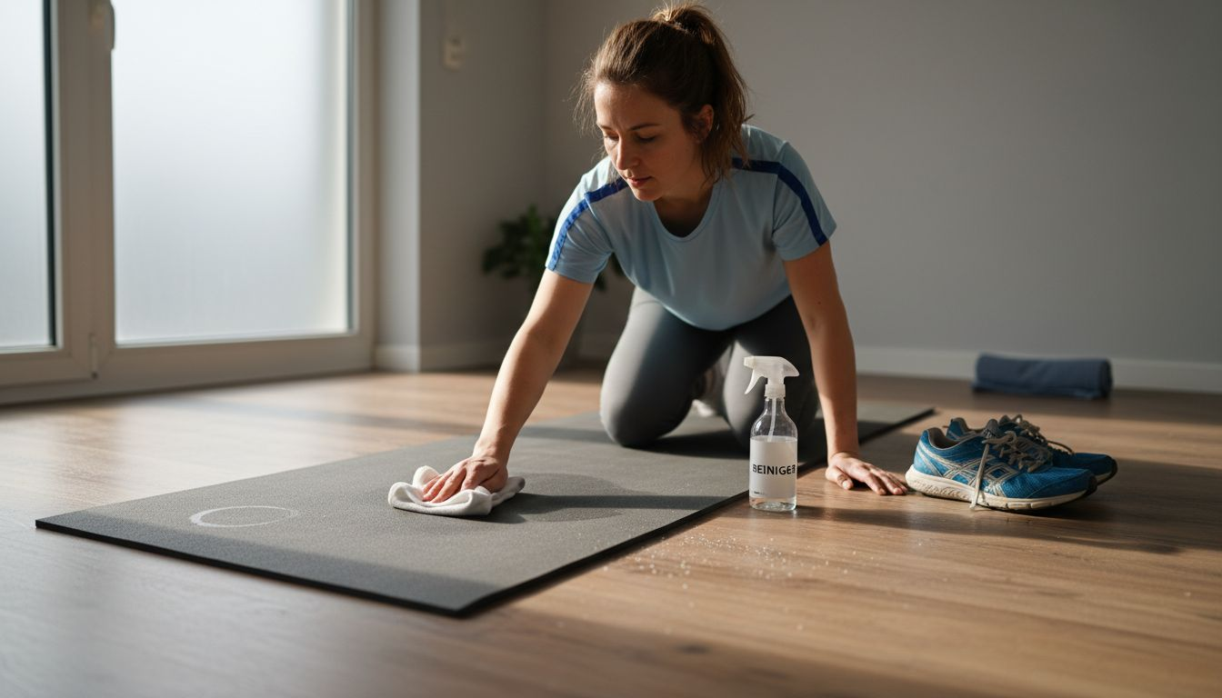 Im Sonnenlicht reinigt eine Frau ihre Fitnessmatte sorgfältig.