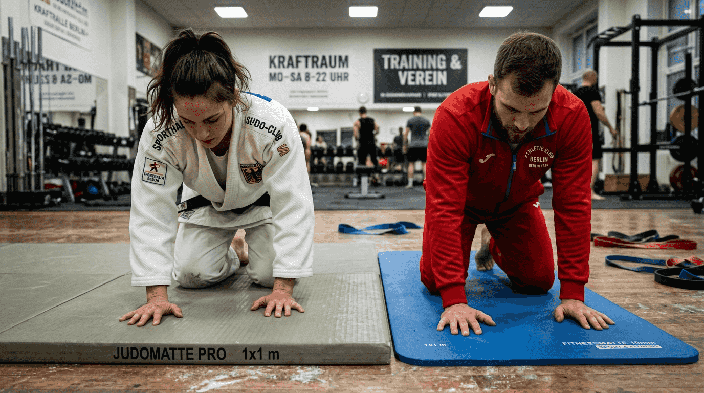 Zwei Sportler nehmen Judomatte und Fitnessmatte unter die Lupe und vergleichen, welche besser zu ihren Trainingsbedürfnissen passt.