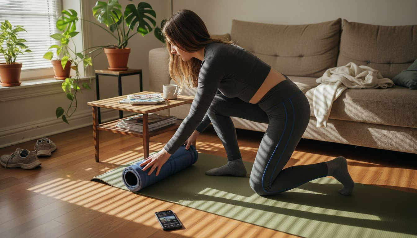 Ein eigener Trainingsbereich zu Hause mit ausgerollter Sportmatte