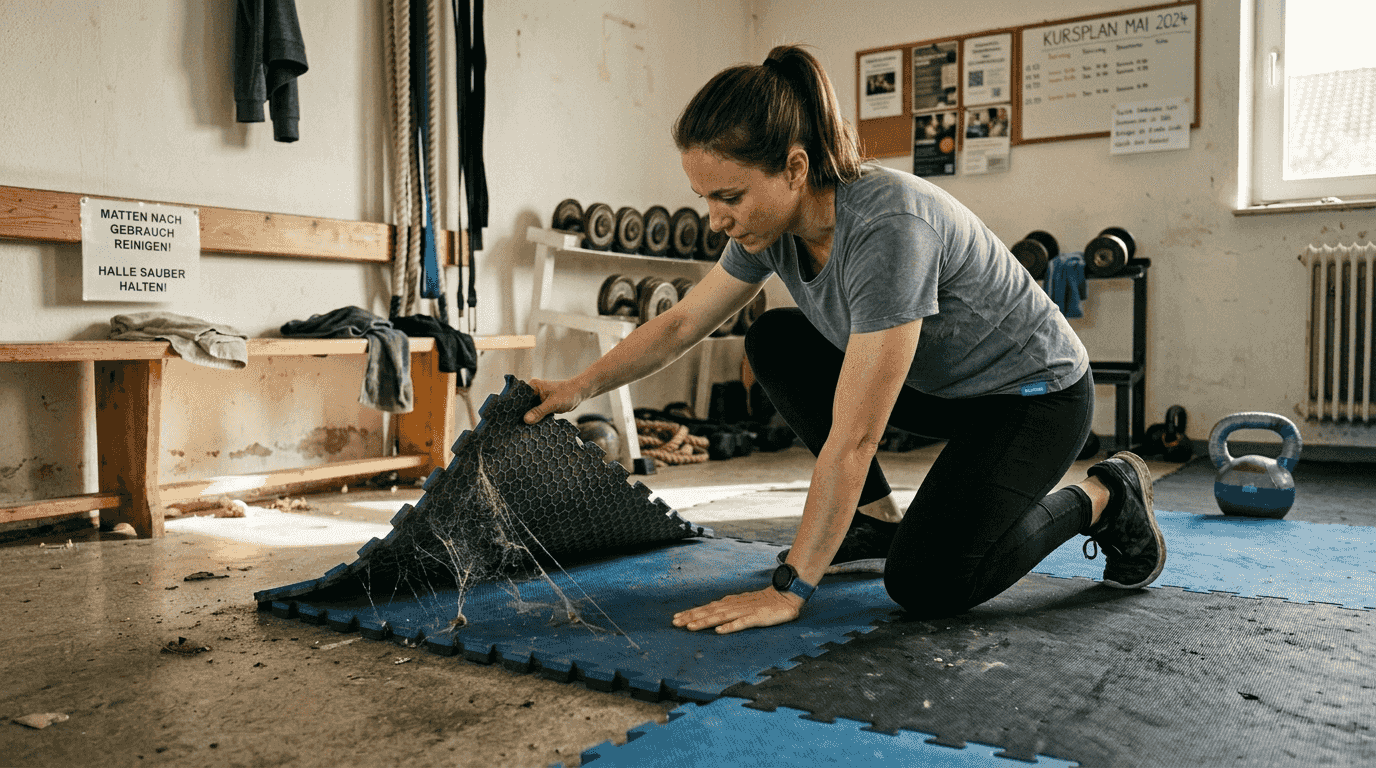 Der Trainer überprüft die Matte, um sicherzustellen, dass sie rutschfest ist.