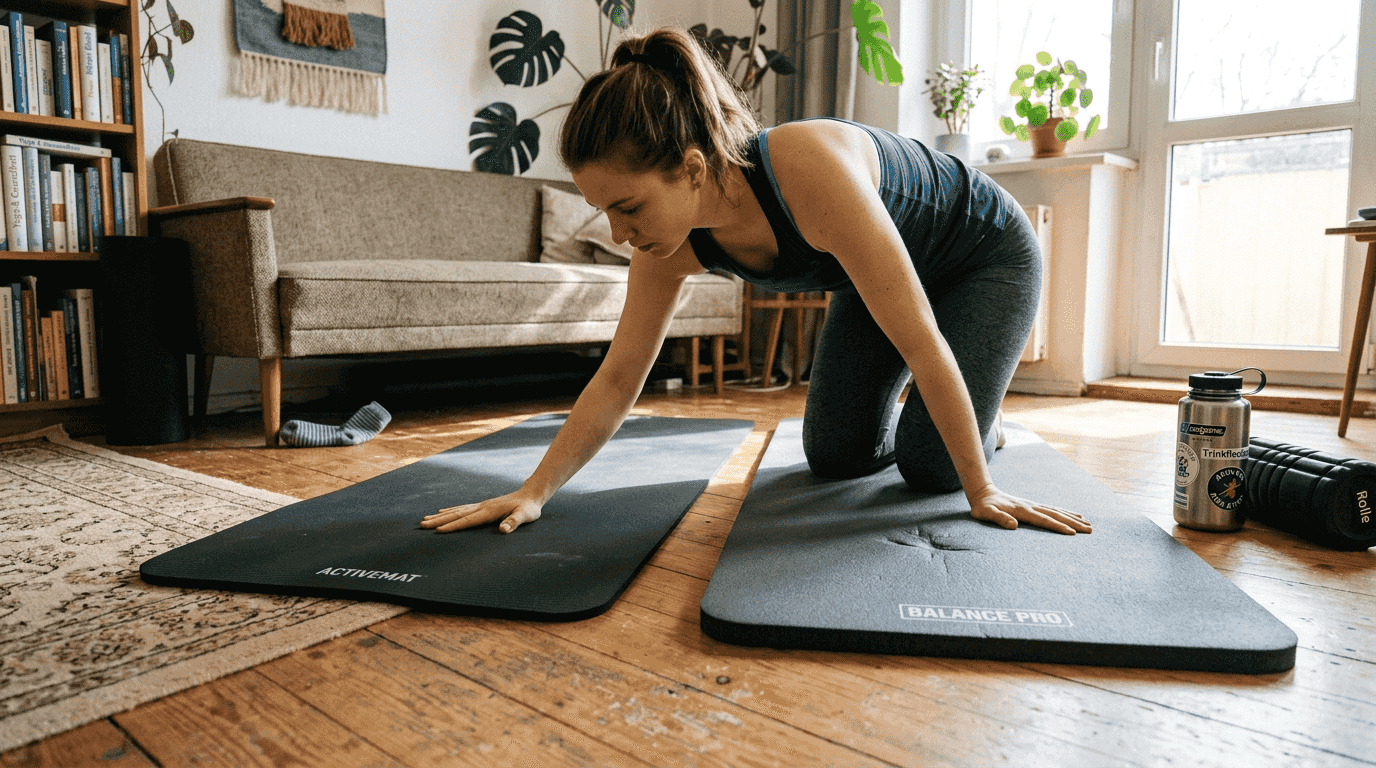 Eine Frau prüft im Wohnzimmer verschiedene Matten auf ihre Dicke.