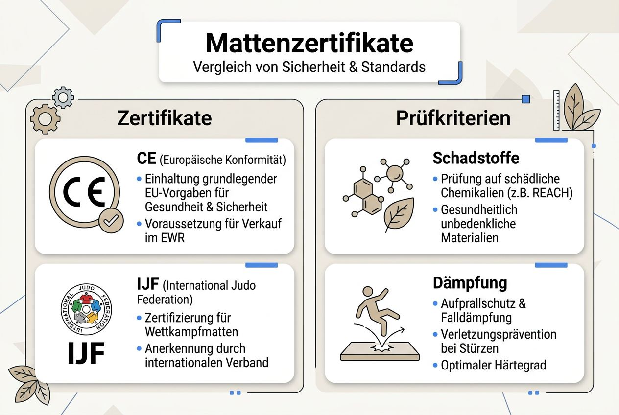 Die Infografik gibt einen Überblick über Zertifikate und Prüfkriterien von Matten.
