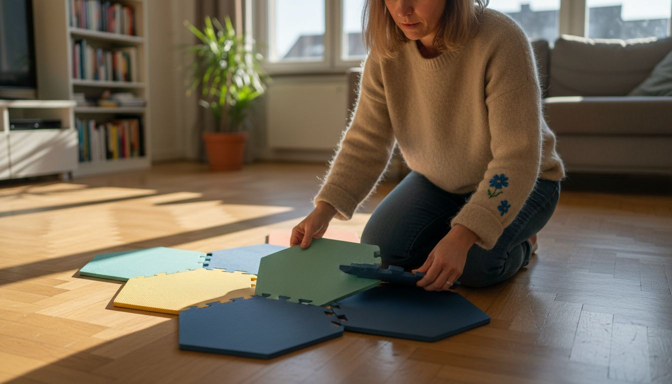 Eine Frau probiert verschiedene Klicksysteme direkt auf dem Parkettboden aus.