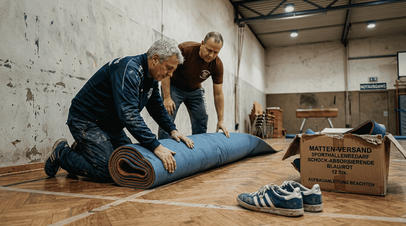 Im Dojo legen die Vereinsmitglieder gemeinsam die Matten für ein sicheres Training aus.