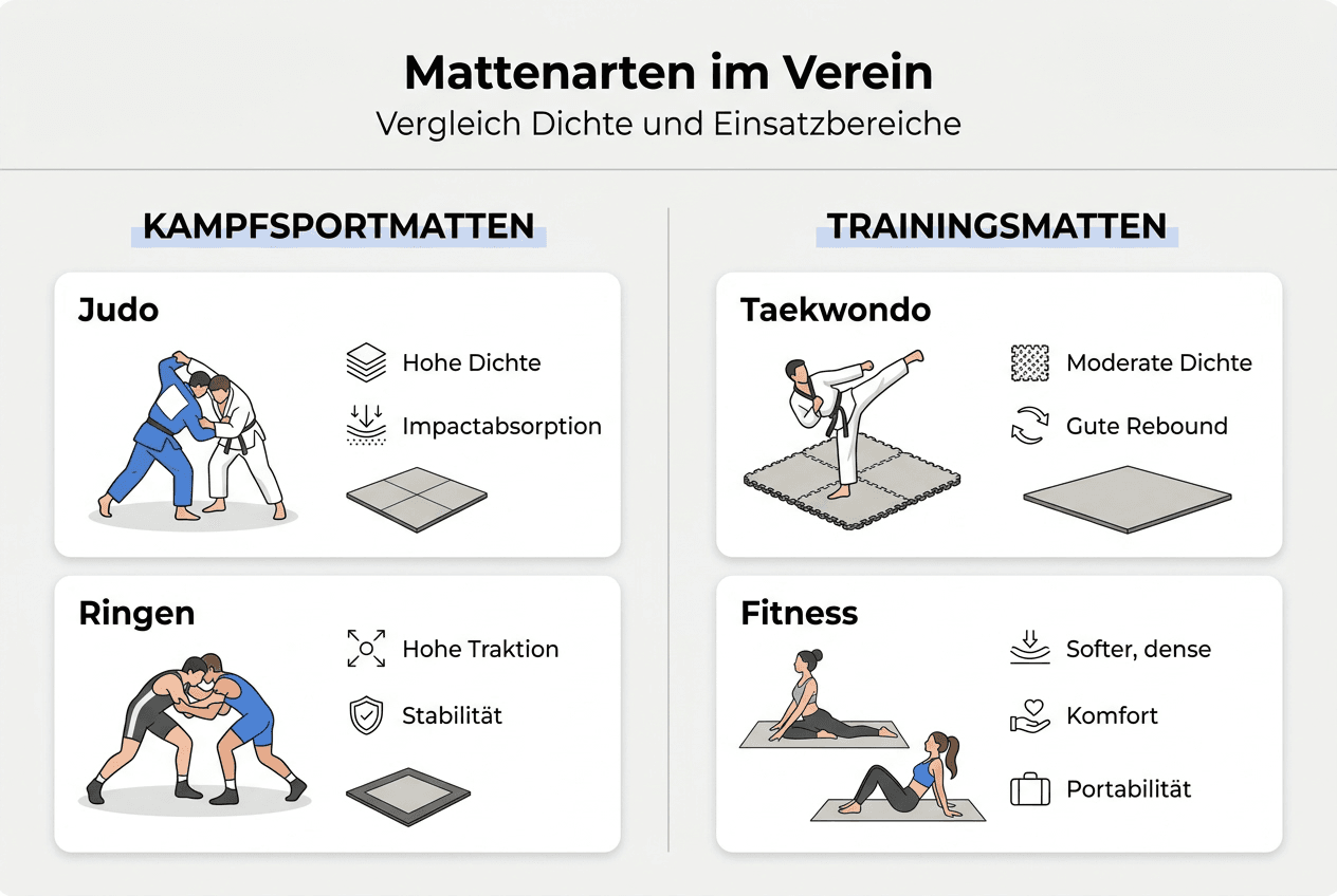 In dieser Infografik erhalten Sie einen Überblick über verschiedene Mattenarten und deren typische Einsatzgebiete.