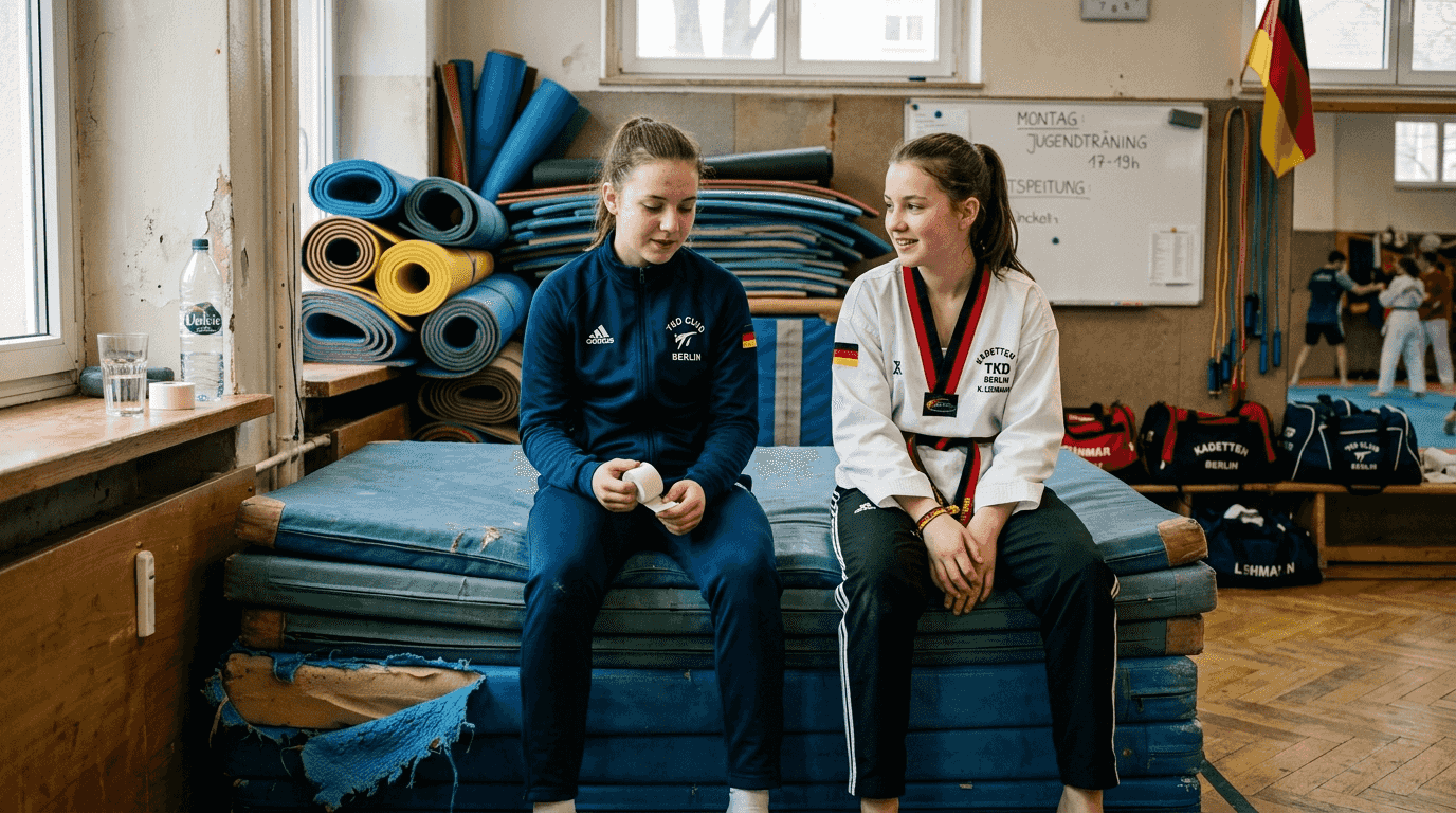 Im Vereinsraum sind verschiedene Matten ordentlich aufeinander gestapelt.