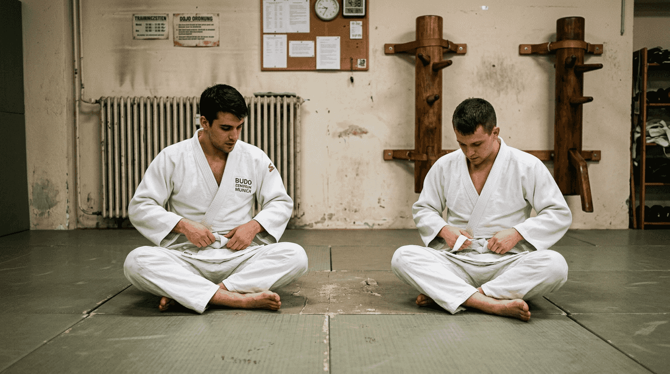 Kampfsportler sitzen im Schneidersitz auf abgenutzten Tatamimatten und sammeln sich vor dem Training.