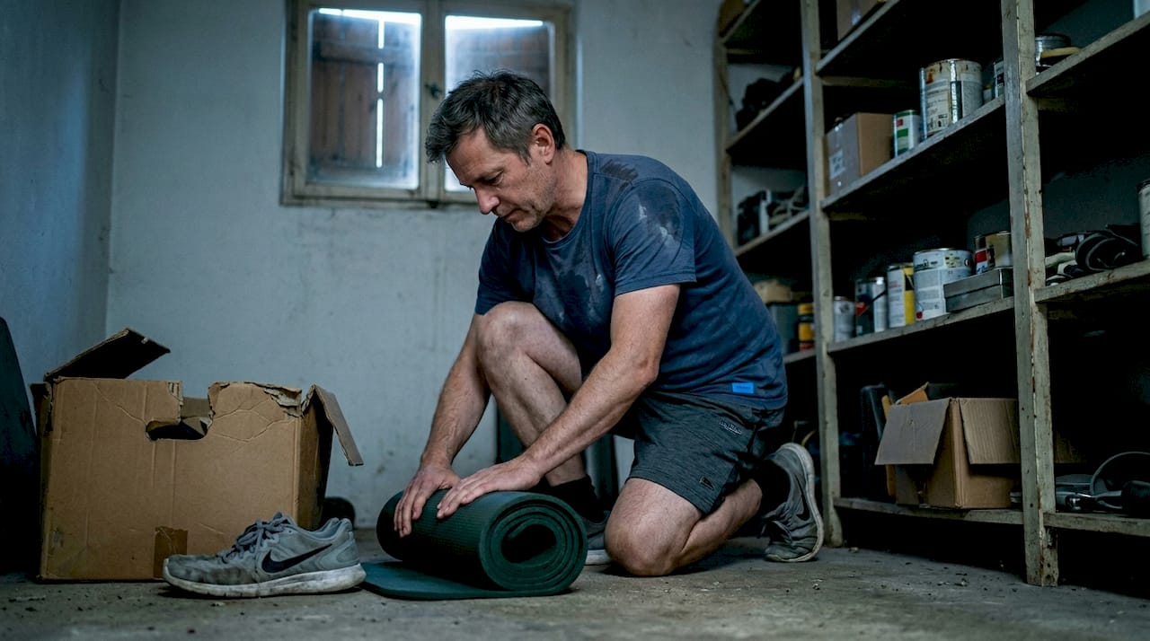 Ein Mann verstaut seine Fitnessmatte im Abstellraum.