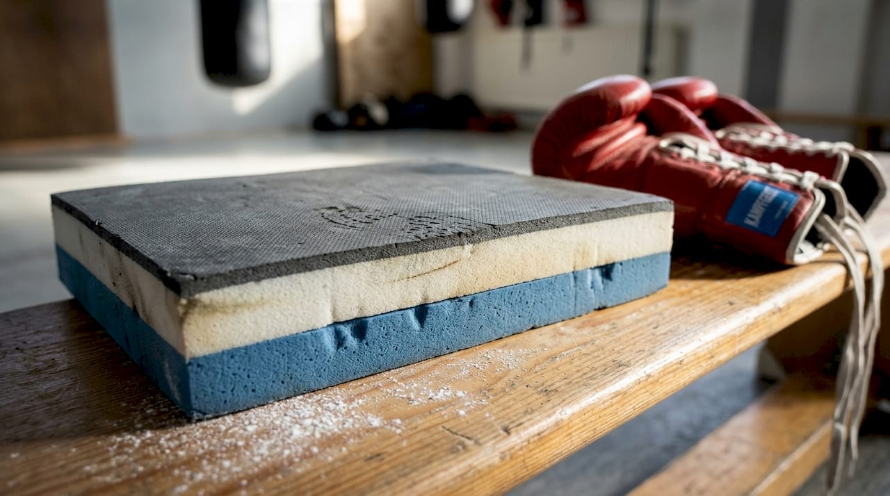 Aufbau der einzelnen Schichten einer Sportmatte am Beispiel einer Bank