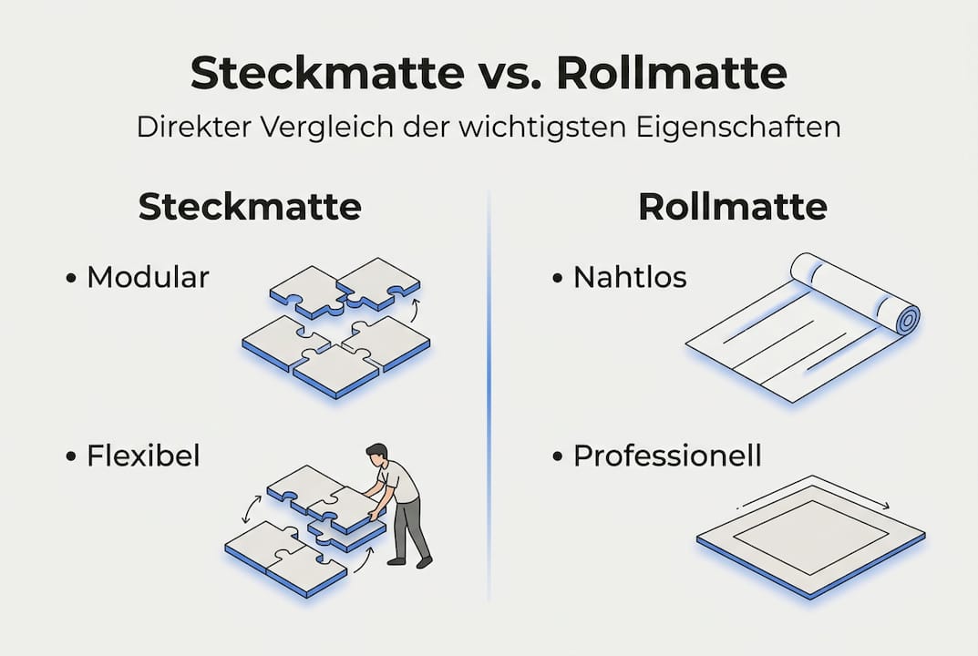 Infografik: Vergleich der Eigenschaften von Steckmatten und Rollmatten