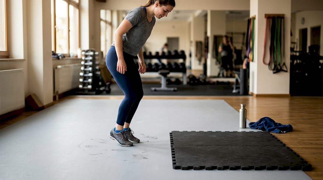 Sportlerin vergleicht die Dämpfungseigenschaften einer Rollmatte mit denen einer Steckmatte