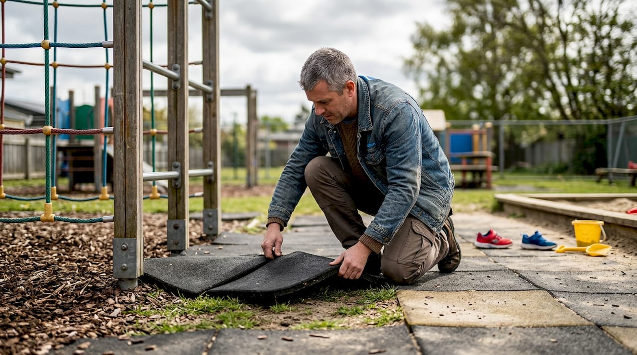 Der Hausmeister legt eine Matte auf dem Spielplatz aus.