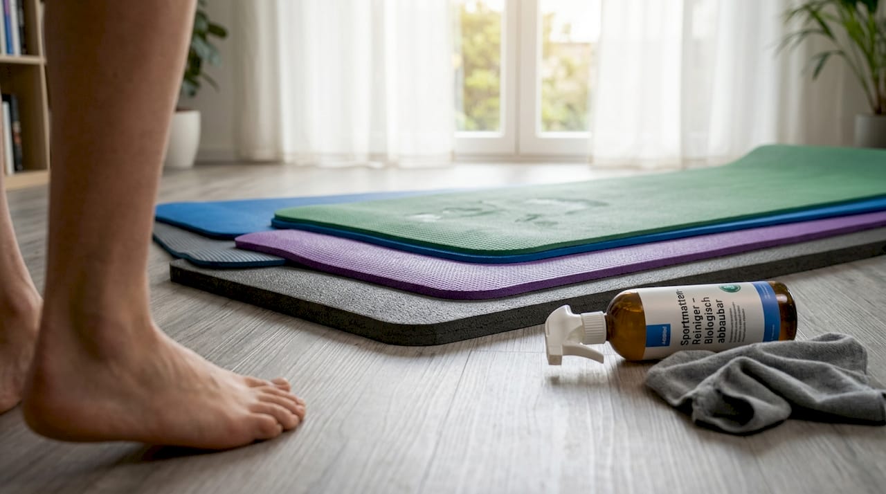 Detailaufnahme von übereinander gestapelten Matten aus EVA, PVC und TPE