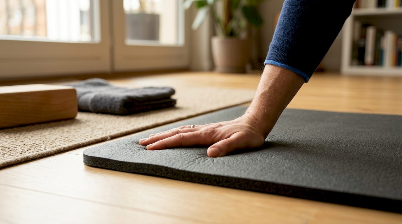 Eine Hand drückt kraftvoll in die extra dicke EVA-Trainingsmatte und zeigt dabei, wie nachgiebig und robust das Material ist.