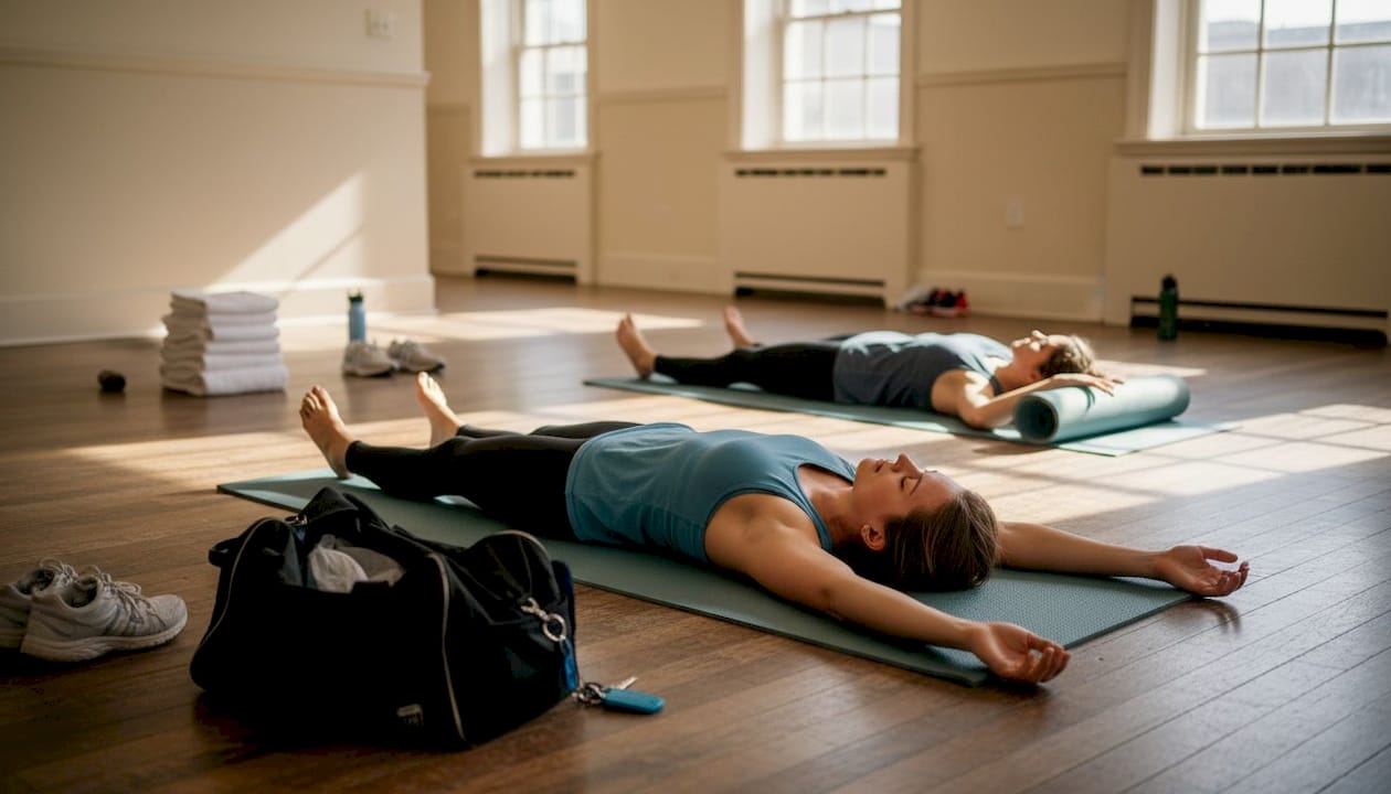 Nach der Gruppenübung nehmen die Teilnehmer ihre Fitnessmatten und verlassen gemeinsam den Raum.