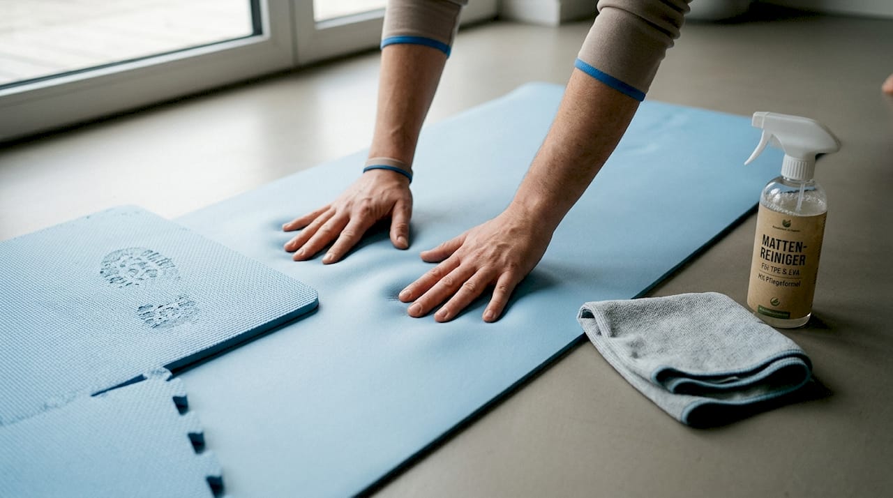 Mit den Händen die Beschaffenheit von TPE- und EVA-Schaummatten prüfen