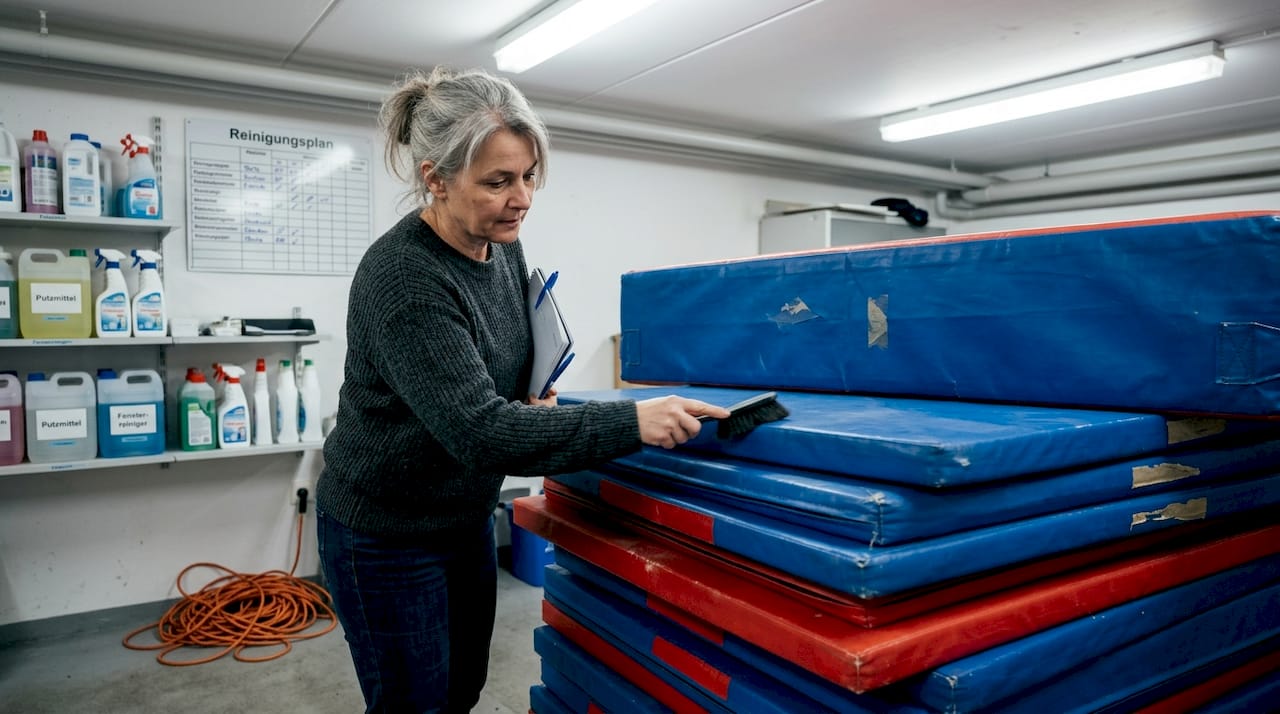 Ein Verantwortlicher prüft die gestapelten Judomatten im Geräteraum.