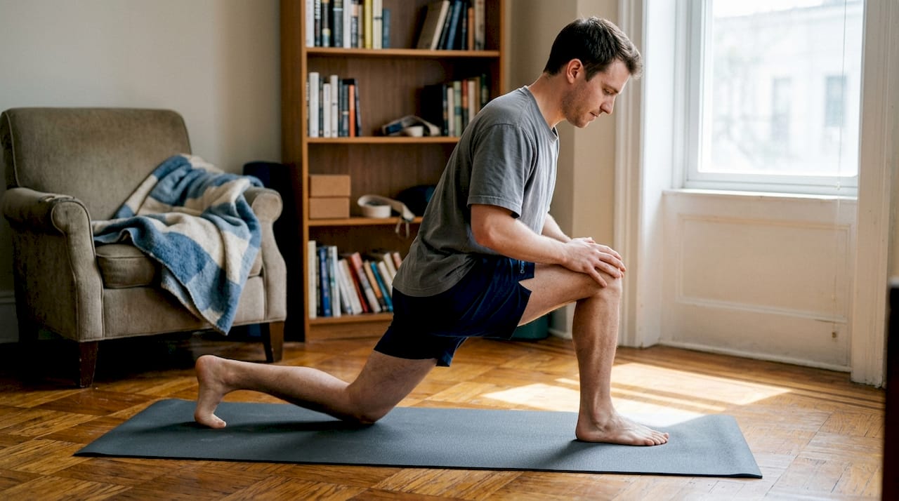 Ein Mann übt Yoga auf seiner 5 mm dicken Matte im Wohnzimmer.
