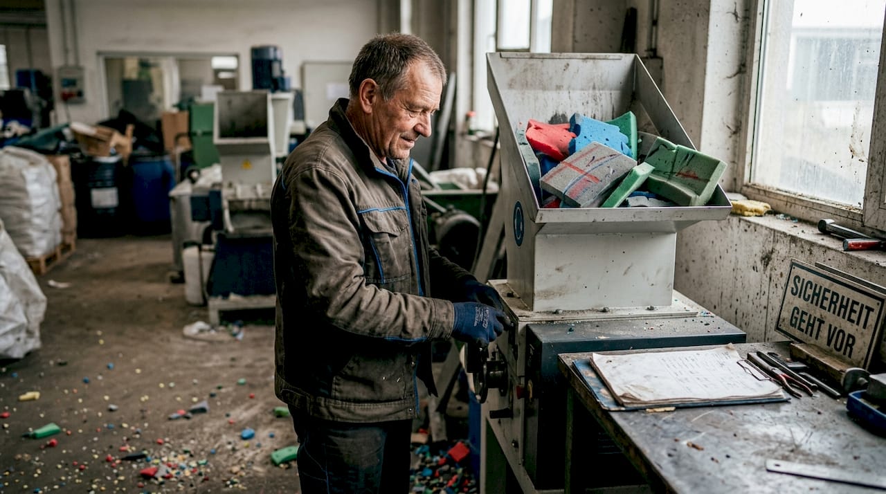 Ein Techniker verarbeitet alte Matten zu neuem Granulat weiter.