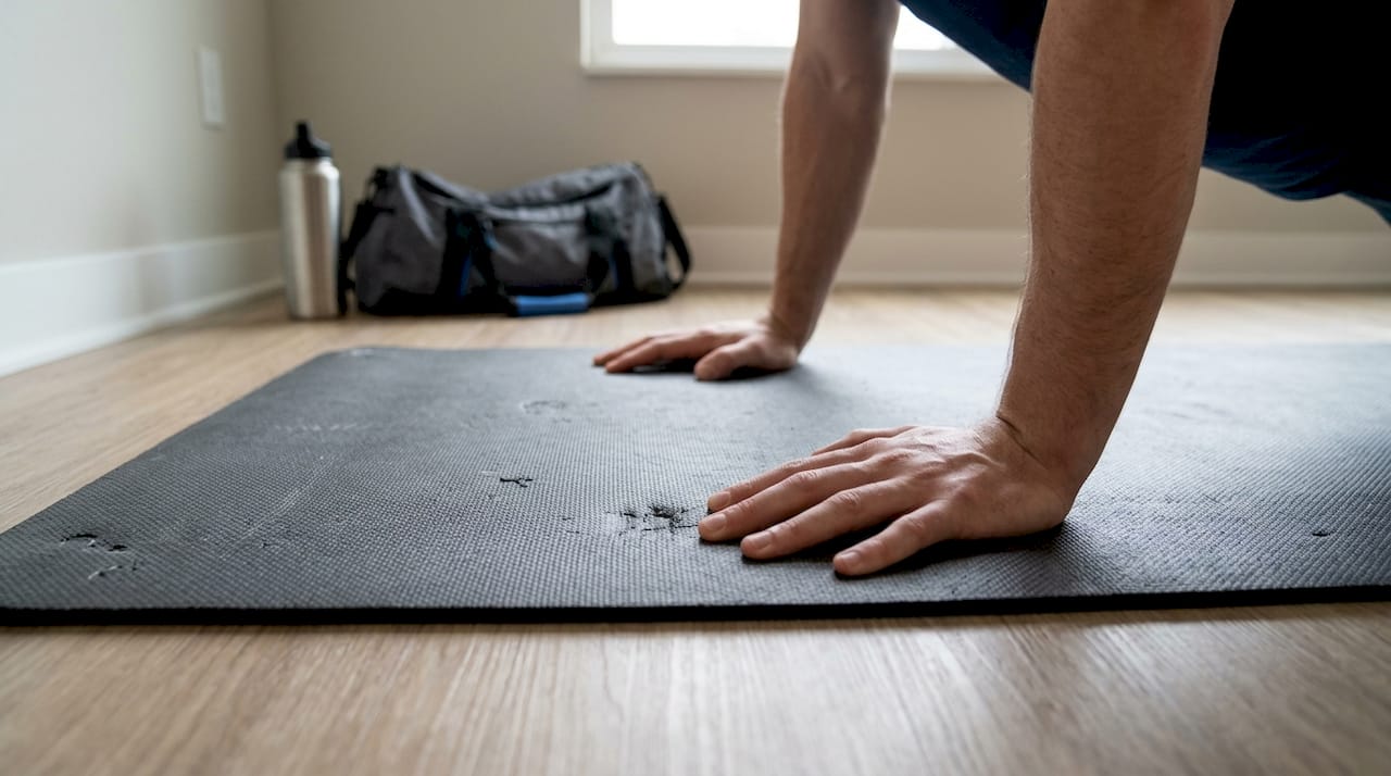 Hände drücken auf eine strukturierte Fitnessmatte aus EVA.