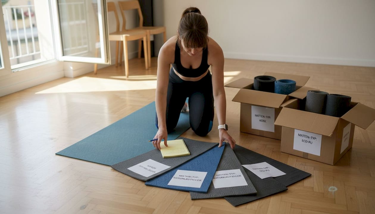 Im Studio testet die Trainerin verschiedene Matten mit unterschiedlichen Stärken, um herauszufinden, welche sich am besten für das Training eignet.