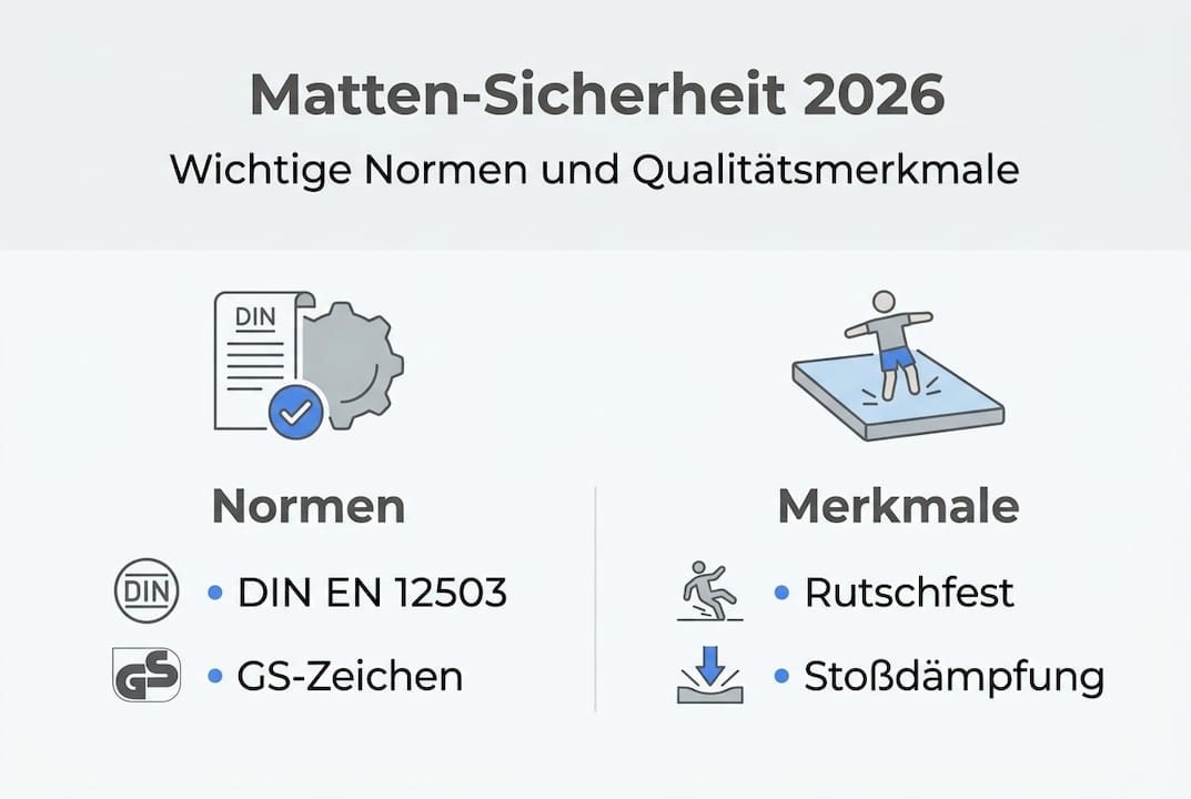 Übersicht über Normen und Sicherheitsaspekte von Sportmatten – anschaulich erklärt in einer Infografik