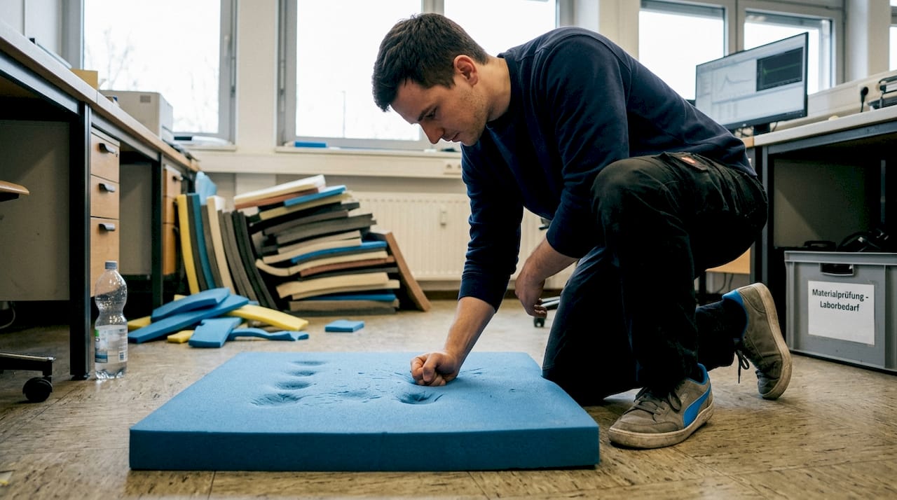 Ein Techniker überprüft die Schaumstoffdichte einer Sportmatte.
